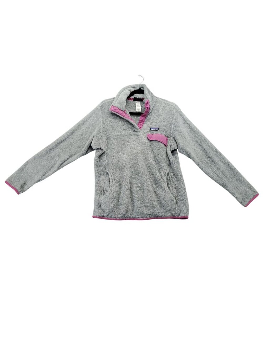 Patagonia Sweater Womens Large Gray Snap-T Pullover Fleece Pink Trim *Read*